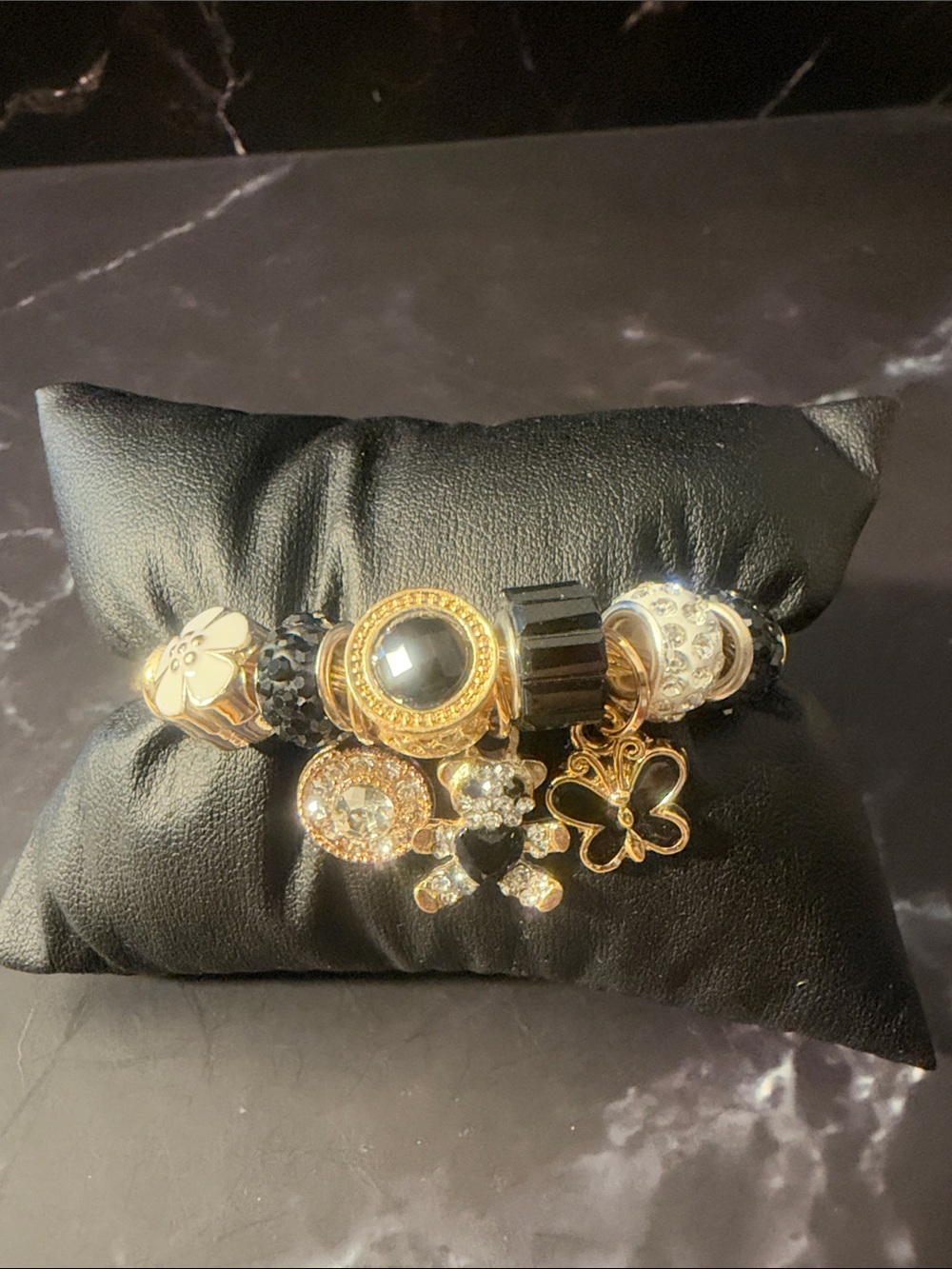 Gold Tone Charm Bracelet with Teddy Bear and Butterfly Charms Stainless Steel